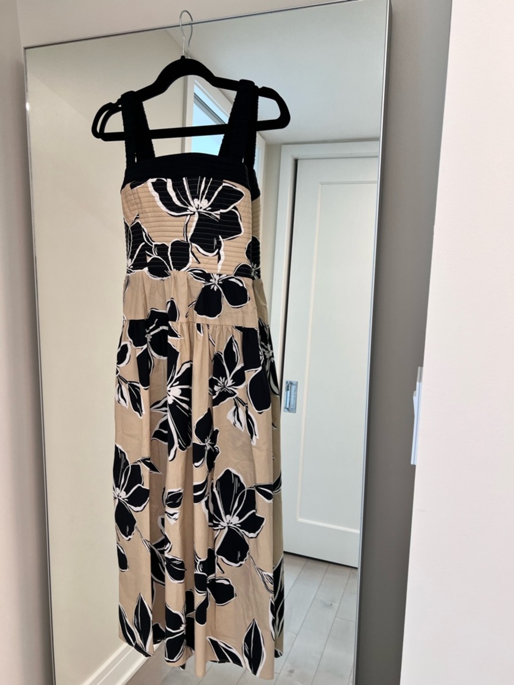 Women’s Beige Floral Midi Dress with Black Accents and Pockets